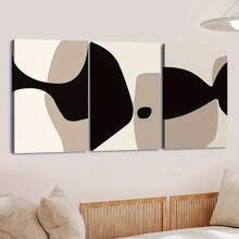 Juego de 3 obras de arte abstractas modernas y minimalistas en tonos neutros de negro y beige para decoración de granero, arte de pared para dormitorio, sala de estar, imprimible, marco de madera