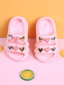1 Pair Kids/Toddlers Open Toe Sandals With Heart Design, Non-Slip Outdoor Slip On Beach Shoes For Girls Summer