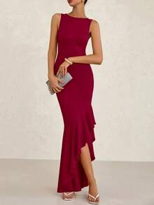 Women's Summer Elegant Slim Dress Sleeveless Peplum Mermaid Cocktail Wedding Guest Formal Dress - 酒紅色 - 查看 3