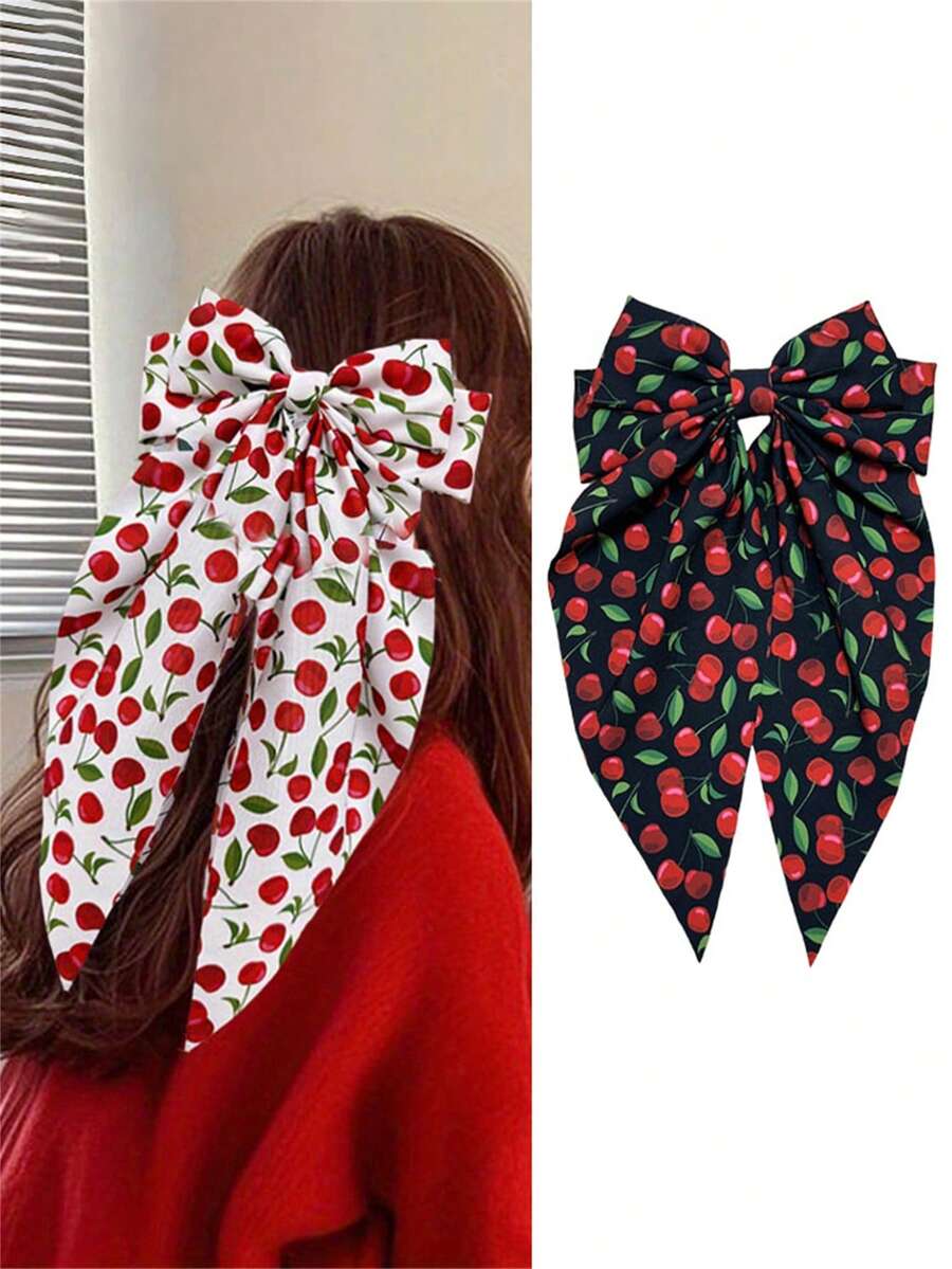 2 piezas Pinzas de pelo elásticas con lazo y estampado de flores de cerezo, en estilo dulce y elegante para mujer, adecuado para vacaciones, combinar con atuendos, tomar fotos, coletas, accesorios para el cabello, estilo bohemio