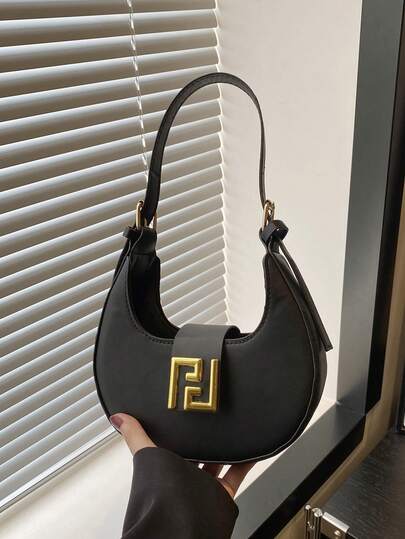 1 pièce Sac à épaule en cuir PU rétro minimaliste de couleur unie, sac à bandoulière à décoration métallique mode, convient pour le shopping quotidien, les rendez-vous, le travail, les affaires et les fêtes, sac à main en forme de croissant