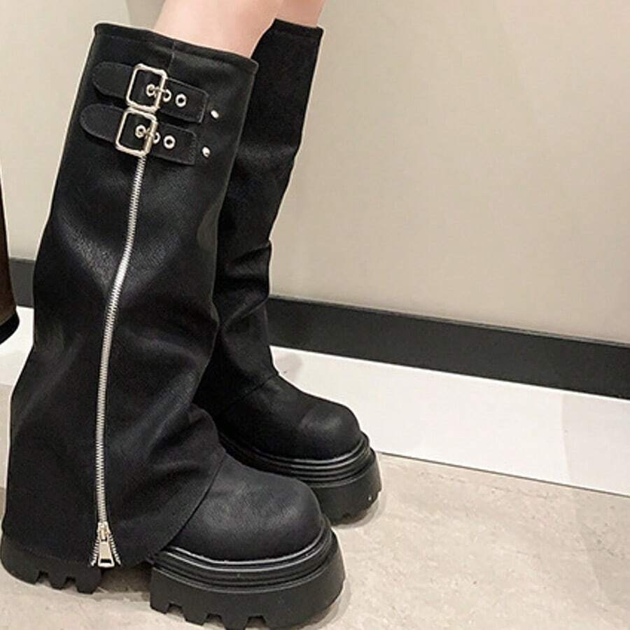 Damen-Kniestiefel mit dicker Sohle, die die Körpergröße betonen, für zierliche Frauen mit Plateaustiefeln