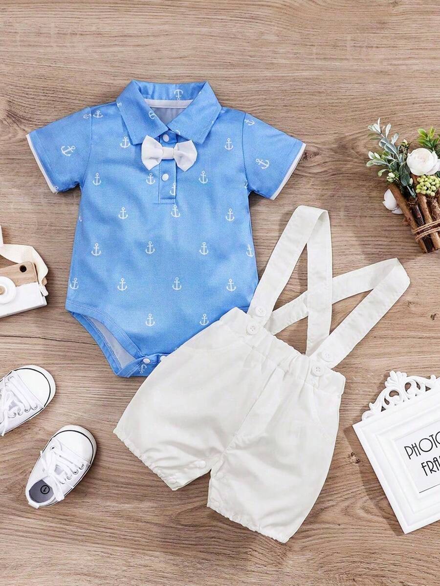 H HIBOBI 2pcs/Set Toddler Boys Navy Style Gentleman Casual Short Sleeve T-Shirt And Bib Shorts Set, Spring/Summer - Baby Blue - View 1