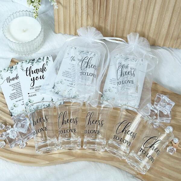 YESTARY YESTARY 20 Sets Wedding Acrylic Shot Glasses Favors For Guests, 1.2oz Clear Cups With 'Cheers To Love' Stickers Thank You Cards And Gift Bags, Suitable For Wedding Bridal Shower Party Favors And Return Gifts