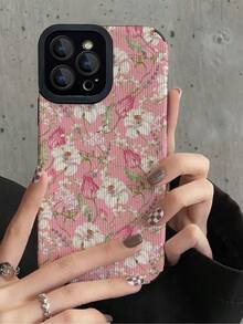 Flower Phone Case 1pc Retro Pink & White Flower Branch Pattern Vertical Striped Faux Leather Shockproof Soft Phone Case Compatible With Apple And Galaxy 15/15 PLUS/15 PRO/15 PRO MAX - Multicolor - View 3