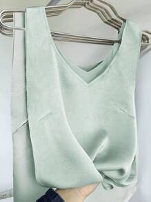 Damen Frühling/Sommer elegantes Lässig Set bestehend aus dünnem Jacquard Viskose-ähnlichen Stoff V-Ausschnitt Tanktop und geraden Hose, 2-teilig