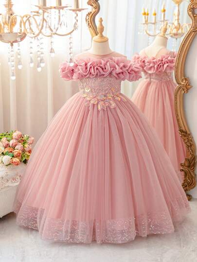 Tween Girl The Elegant Round-Neck Pink Dress With Ruffled Appliques And Fluffy Backless Sequined Mesh Is Suitable For Important Occasions Such As Birthday Parties, Stage Performances, Hosts, Speech Competitions, And Various Important Festivals. The Skirt Is Very Dazzling And Very Elegant When Worn.