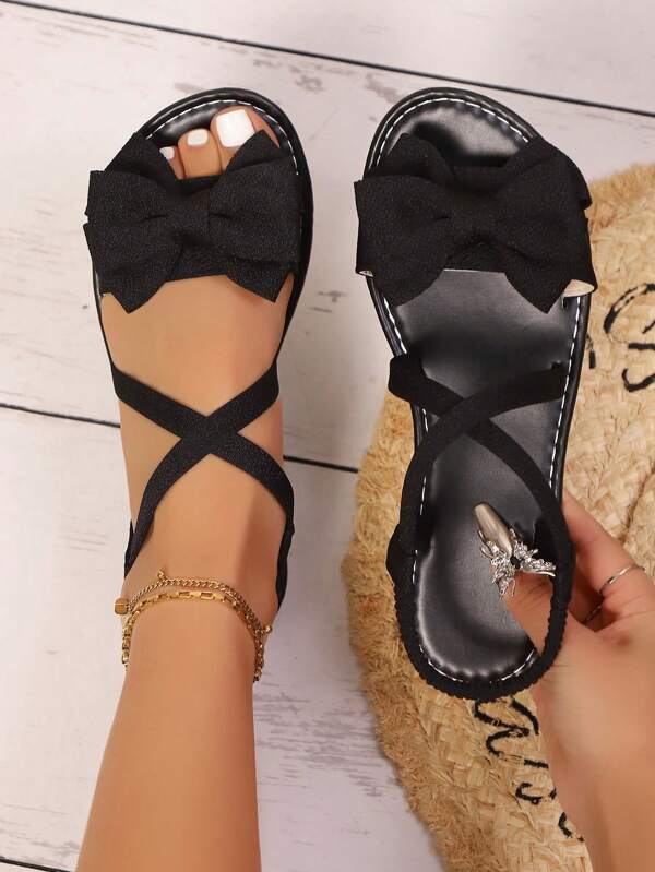 Vielseitige & bequeme Einfarbige Mode Boho Schleifen Sandalen mit rundem Zehenbereich, geeignet für Strand, Party, Zuhause und Outdoor, Sommer