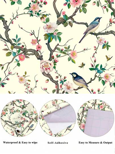 1Roll 1m/3m/5m Flower Bird Flowers St ing On Branches, Retro Home ation, Kitchen Cabinets, Tables Chairs, Room Backgrounds, Renovation, DIY, Waterproof, Stain Resistant, Easy To Clean, Self Adhesive, Peel Paste Wallpaper, Wand Stickers, Wallpaper Stickers view 6