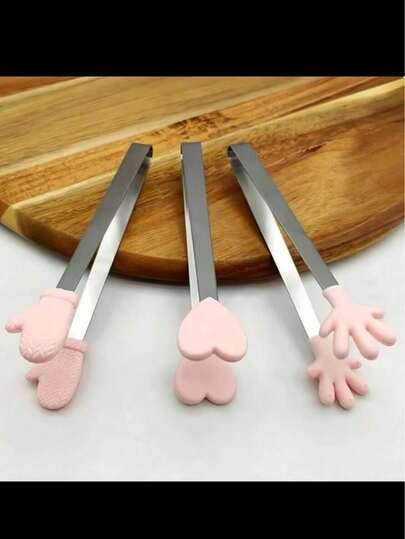 1 pieza Mini pinzas de postre de acero inoxidable para cubitos de hielo, con forma de corazón rosa. Pinzas con forma de palma de silicona antideslizante para hornear pan, caramelos, galletas, pastelería, snacks, cubitos de hielo, ensalada, fruta, barbacoa.