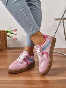 Women's Round Toe Lace-Up Contrast Color Flat Sneakers, Spring/Autumn Campus Style Fabric Trainer Shoes