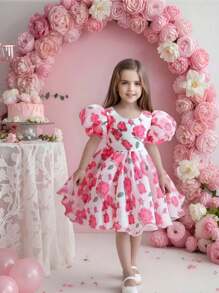 1pc Young Girl Printed Dress, Suitable For Banquets