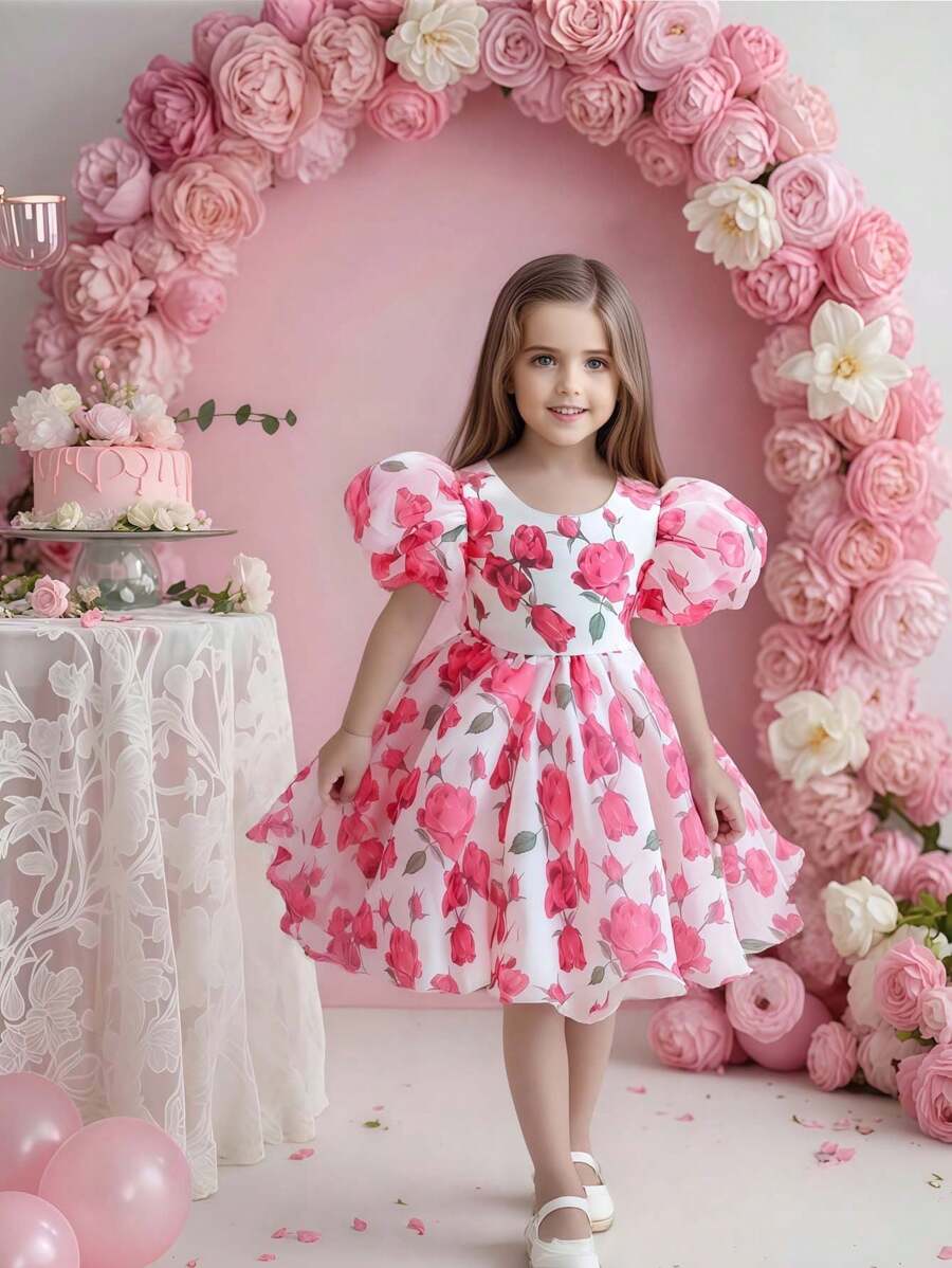 1pc Young Girl Printed Dress, Suitable For Banquets