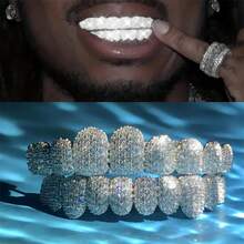 THATBOY 2件組龐克風鋯石牙套 Grillz，上排10顆牙 + 下排10顆牙套組，適合饒舌歌手與 Cosplay，高級龐克牙套，瞬間升級你的笑容 - 彩色 - 查看 1
