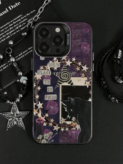 1 pieza Funda de teléfono resistente a golpes con diseño de patrón de estilo gótico, agujero grande, bloqueo de color, gato negro y estrella con eslogan, estampado floral, compatible con la serie Apple iPhone7/X/11/12/13/14/15/16/16PRO/16PROMAX, resistente al agua y a los arañazos
