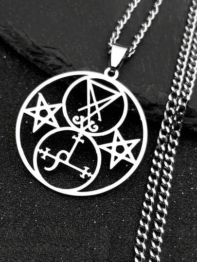 Lilith's Pentagram Church Mark Necklace, Stainless Steel Hollow Pentagram Round Pendant Necklace, Gothic Style Jewelry