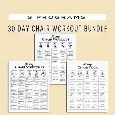 3-i-1 30-dagars stolsträning, yogastretchpaket, poster + interaktiv, lätt att följa, nybörjarvänlig träning, digital gymguide, set med 3, 8*10 tum utan ram, pappersmaterial, 2D, skolmaterial, tillbaka till skolan