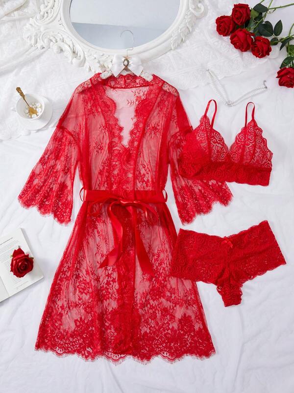 Deep V-Neck Lace Semi-Sheer Fashionable & Alluring Lingerie Set, Sexy Sleepwear For Women