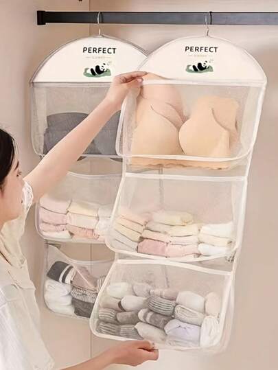 Bolsa colgante de malla multicapa con gancho de metal, ideal para sostenes, ropa interior, calcetines, bolsa de almacenamiento colgante para puertas, paredes, armarios, organizador de calcetines y lencería