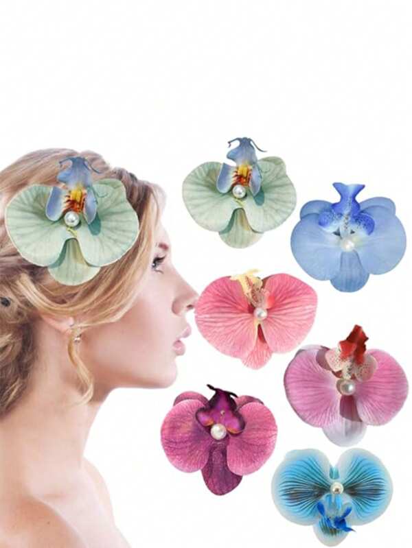 6 Peças Presilha de Cabelo com Flor, Grampo de Cabelo de Orquídea, Tiara da Boêmia Havaiana para Férias à Beira-Mar, Grampos, Acessórios para Chapéus, Flor de Orquídea Artificial para Mulheres e Meninas