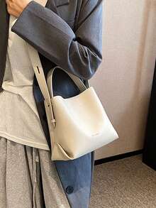 Fashionable Women's Tote Bag, Simple Brown Mini Bucket Bag, PU Material Retro Style, Shoulder Crossbody Bag, Versatile For Commuting, Shopping, Daily Use - Beige - View 7