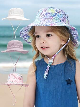 1 szt. Dziewczęcy codzienny kapelusz przeciwsłoneczny z wiatroszczelną liną, prosty jednolity kolor lub nadruk z kreskówek, cienki oddychający kapelusz typu bucket, kapelusz plażowy i kapelusz typu bucket odpowiedni do codziennych/na zewnątrz zajęć