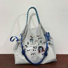New Women's Crossbody Bag Nylon Shopping Bag Cat Embroidery Lightweight Tote Bag Folding Storage Suitable For Commuting Travel Leisure Outdoor Party Holiday Gifts