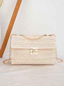 1pc Women's Summer Square Straw Bag, Fashionable Striped Woven Shoulder Bag With Chain, Lightweight And Casual Crossbody Square Straw Tote