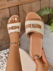 Women's Flat Sandals, Fashionable, Elegant, Casual, Comfortable, Slip-On, Hollow, Beach, Versatile, Lightweight Sandals - Beige - View 1