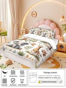 Juego de ropa de cama de 4 piezas con diseño de paisaje vívido con monos, elefantes y jirafas del bosque, que incluye funda nórdica con cremallera y estampado digital, adecuado para dormitorio, pensión, (1*Funda nórdica + 2*Fundas de almohada + 1*Sábana), regalo perfecto de primavera/verano para amantes de los dibujos animados