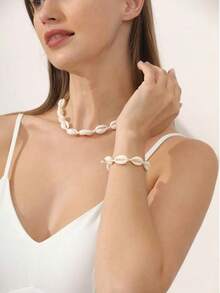 2pcs Fashion Personalized Shell Necklace And Braided Rope Bracelet Set, Beach Style - Shell Necklace Set - View 2