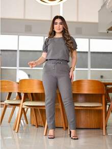 Women 2 Piece Set Casual Elegant Pleated Blouse Cotton Linen Pants With Ruffles On Scrub Sleeve Colors Fashion Spring Summer 2025 Women Clothing - 石墨 - 查看 2