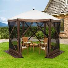 10x10FT 6-Sided Pop Up Gazebo Tent,Camping Gazebo,Waterproof UV Protected Screen Tent,Portable Camping Canopy Sun Shelter With Carry Bag,Guy Ropes & Stakes,For Outdoor Camping,Lawn And Backyard - Brown - View 2