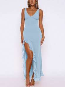 新款欧美夏季女式荷叶边下摆紧身派对礼服，百搭晚礼服，适合鸡尾酒会