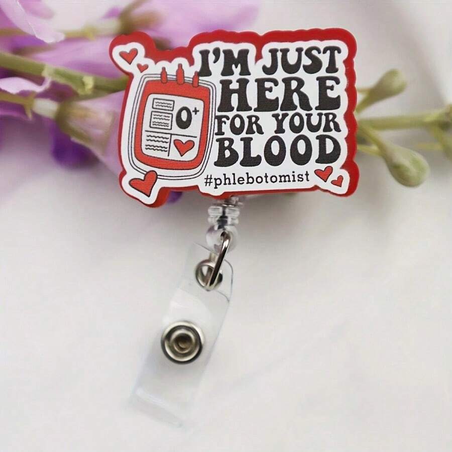 Funny Cartoon Blood Bag Design "I'm Just Here For Your Blood" Acrylic Badge Reel With Retractable Clip - Made Of Durable PMMA Material, Suitable For Nurse And Staff ID Badge - Multicolor - View 1