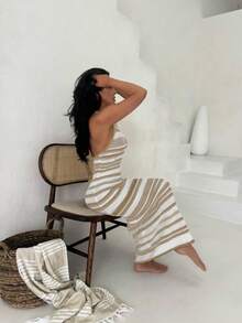 Vivid Style 性感镂空无袖修身条纹针织沙滩裙，适合夏季度假、圣诞节、新年等场合。 - 咖啡棕 - 查看 2