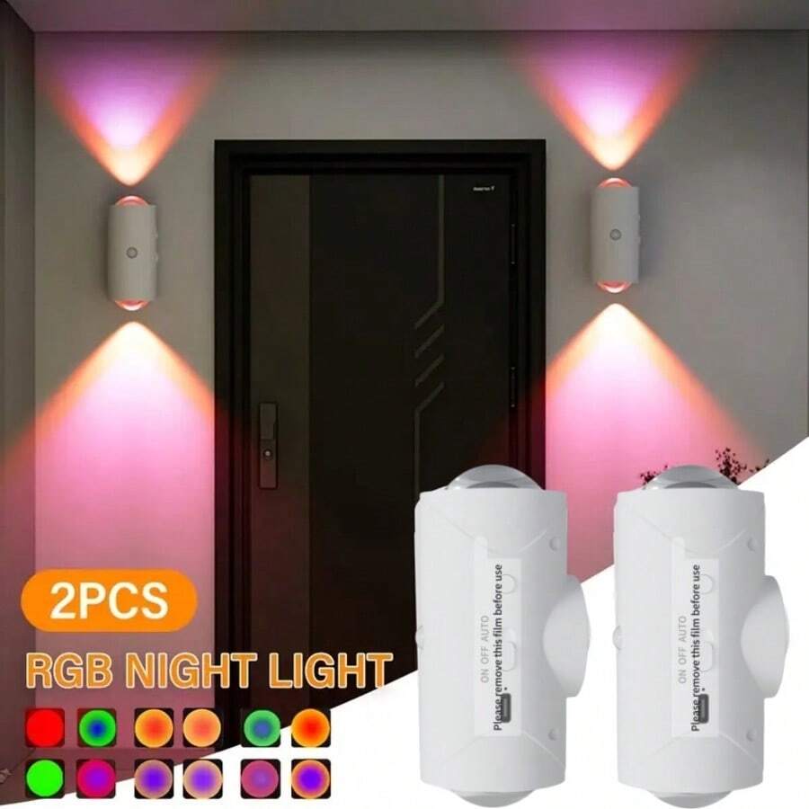 Đèn tường cảm biến chuyển động LED sạc 2 chiếc - Đèn RGB có thể điều chỉnh độ sáng với đế từ tính dùng cho cầu thang, lối vào, đầu giường, bàn làm việc, tủ quần áo, cấp nguồn qua USB, lắp đặt dễ dàng, đèn ngủ thông minh cho gia đình và không gian xung quanh