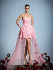 Elegant Mini Bridal Gown With Intricate 3D Flowers & Lightweight Netted Tulle Trail – Perfect For Summer Weddings, Garden Parties, Luxury Ceremonies, Or Formal Evening Events, Bride