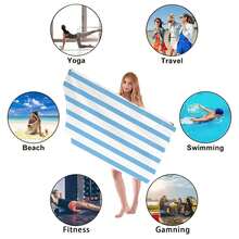 Toalla de playa extra grande - Toalla de playa de microfibra ultra suave a rayas azules, toalla de piscina ligera para natación y viaje, adecuada para adultos hombres y mujeres, toalla ligera y libre de arena para playa, viaje, piscina, yoga, gimnasio, camping, accesorio esencial - Celeste - Ver 6