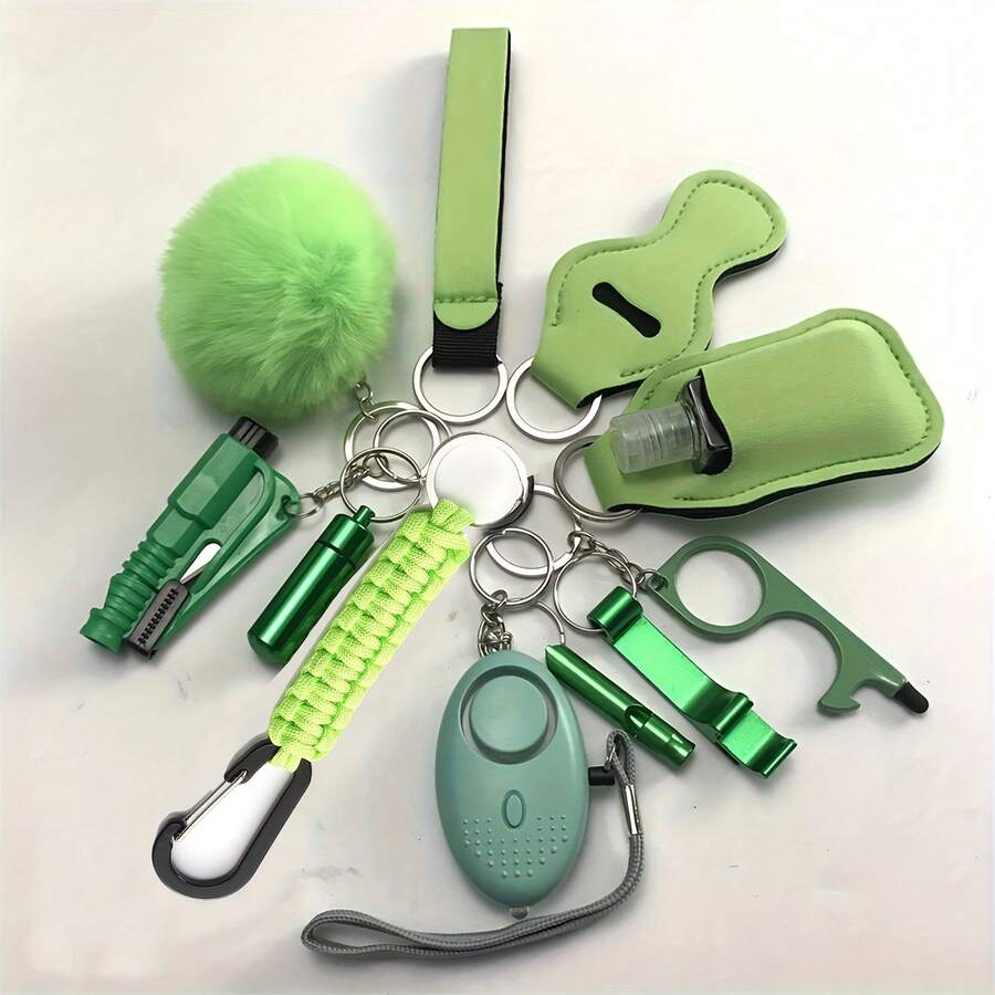 12 件/套女士防身安全钥匙扣带警报喇叭，户外露营口哨开瓶器，时尚配饰汽车配件包包饰品