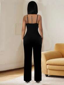 女式黑色无袖吊带连体裤优雅派对装，配有闪亮亮片水钻细节和高弹力面料，细肩带水钻，阔腿连体裤，性感派对装 - 黑色 - 查看 3