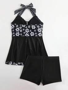 女士花卉印花交叉抽绳开叉裙式泳装套装，女士泳装和夏季海滩度假装，女士细肩带分体泳装