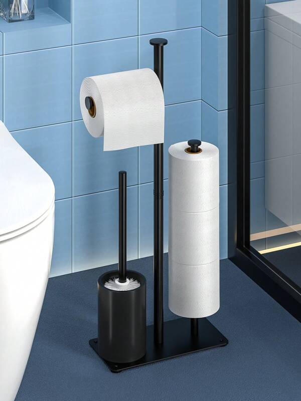 1pc Freestanding Toilet Paper Holder With Brush And Storage Shelf, Wrought Iron Self-Adhesive Bathroom Tissue Roll Dispenser, Moisture-Proof Home Restroom Accessory, Bathroom Organizer | Decorative Shelf | Adhesive Installation, Christmas/Halloween Gift Decoration Back To School