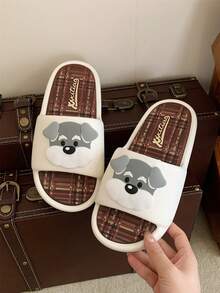 XIXITIAO 1 Pair Anti-Slip EVA Color Block Cute Puppy Couple Slippers, Soft Flat Casual Slippers For Outdoor/Beach, Classic Colorblock Design Puppy Pattern Beach Outdoor Ladies Slippers - Cream White - View 3