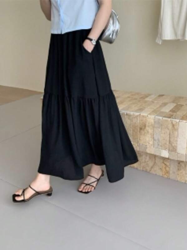 Women's Midi Skirt, Pleated Mid-Length Skirt, New For Spring 2025, A-Line Skirt With A Retro High Waist And Elastic Waist For A Slim Silhouette, Umbrella Skirt With Pockets And Lining.