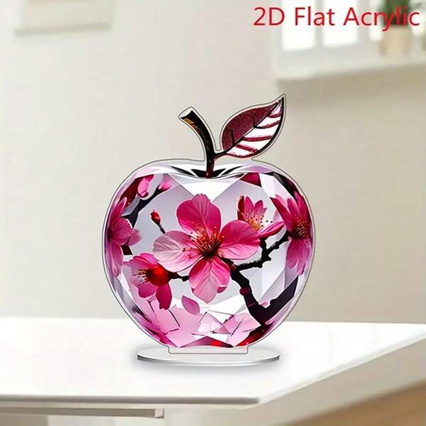 1 Piece, 2D Flat Apple Shaped Acrylic Decorative Ornament With Cherry Blossom Pattern, Suitable For Home And Office, Elegant Desktop Logo In Cafes And Living Rooms, Perfect Holiday Gift