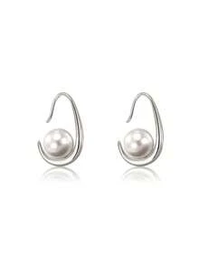S925 Silver Teardrop Pearl Stud Earrings, Silver/Gold Minimalist C-Shaped Earrings, Hypoallergenic Jewelry For Pierced Ears, Suitable For Elegant, Fashionable Women, Great For Valentine's Day, Birthday, Party, And Daily Wear, Come With A Delicate Gift Box - Silver - View 4