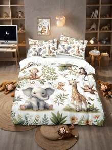Juego de ropa de cama de 4 piezas con diseño de paisaje vívido con monos, elefantes y jirafas del bosque, que incluye funda nórdica con cremallera y estampado digital, adecuado para dormitorio, pensión, (1*Funda nórdica + 2*Fundas de almohada + 1*Sábana), regalo perfecto de primavera/verano para amantes de los dibujos animados