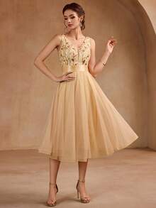 Đầm phù dâu dáng chữ A cổ chữ V đính sequin và vải lưới, đầm dự tiệc Giáng sinh, đầm dạ hội thanh lịch dành cho nữ, phù hợp cho khách dự đám cưới, lễ tốt nghiệp, dạ tiệc và các dịp khác. - Vàng - Xem 2