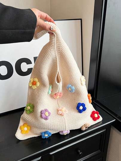 حقيبة كتف نسائية 1 قطعة من لون واحد، حقيبة يد ذات زهور ملونة محبوكة ، أنيقة ومتعددة الاستخدامات، سعة كبيرة ، مناسبة للأعمال والسفر والحفلات ، خفيفة الوزن